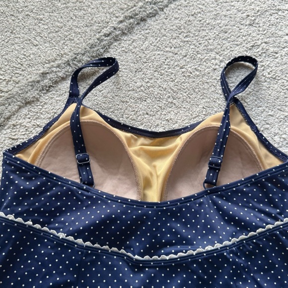 LL Bean one piece Swim Dress Swimsuit bathing suit Navy Blue white Polka Dot 14 - Picture 10 of 12